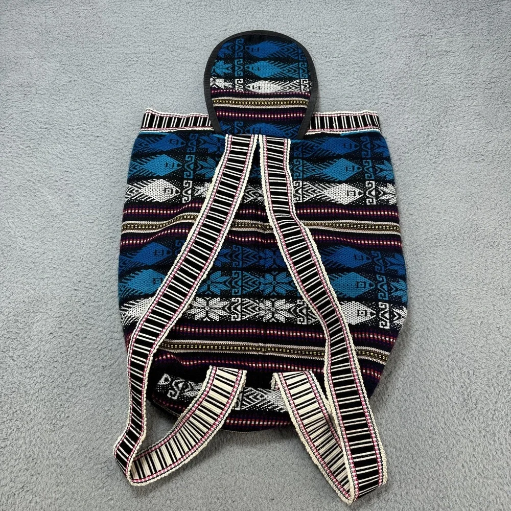 Boho Woven Tribal Aztec Backpack Blue Black Tassel Lined Front Zip Pocket Hippie